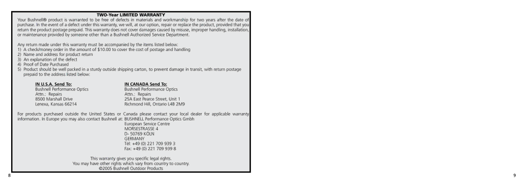 Bushnell 26-0224 instruction manual TWO-Year Limited Warranty, U.S.A. Send To Canada Send To 