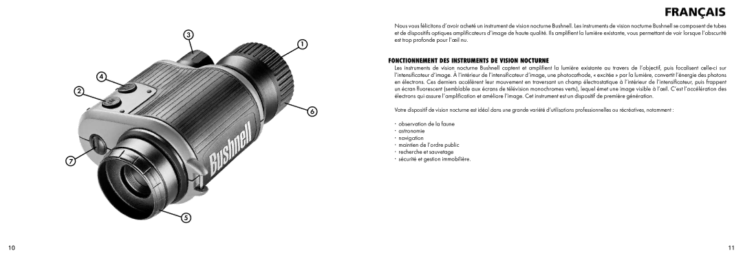 Bushnell 26-0224 instruction manual Français, Fonctionnement DES Instruments DE Vision Nocturne 