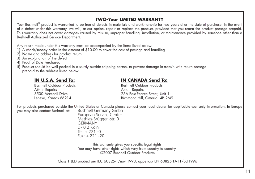 Bushnell 26-4051, 26-0224W instruction manual TWO-Year Limited Warranty 