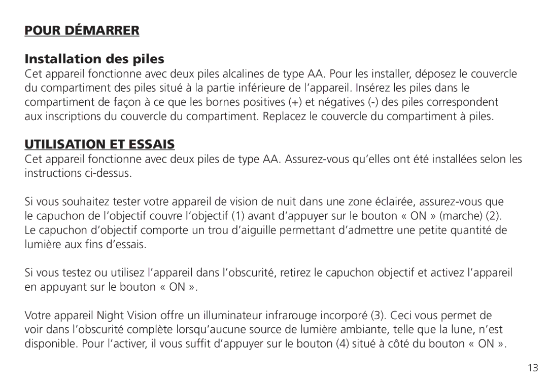 Bushnell 26-4051, 26-0224W instruction manual Pour Démarrer, Installation des piles, Utilisation et essais 