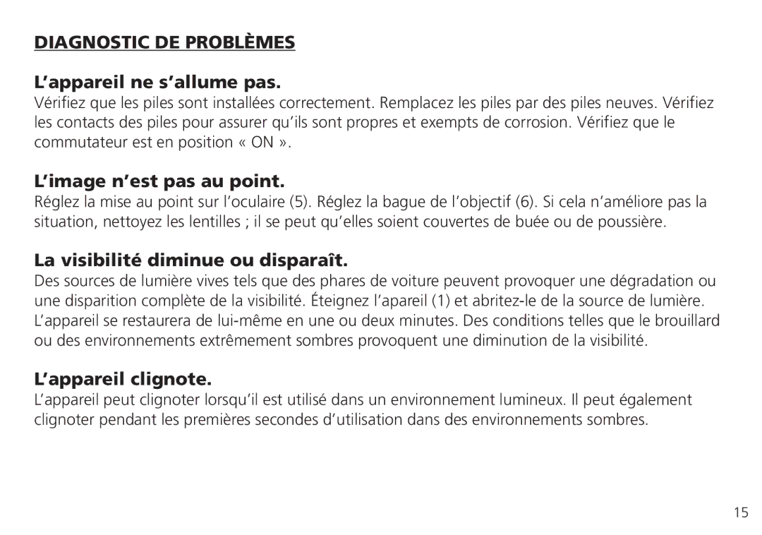 Bushnell 26-4051 Diagnostic DE Problèmes, ’appareil ne s’allume pas, ’image n’est pas au point, ’appareil clignote 