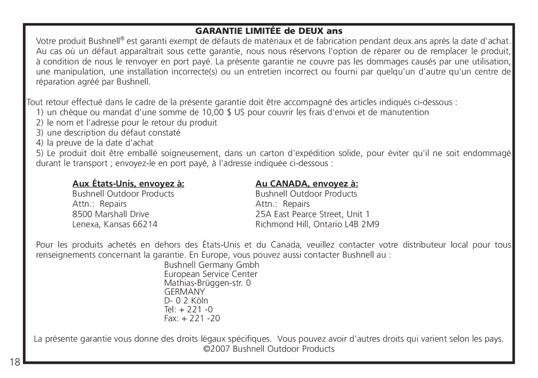 Bushnell 26-0224W, 26-4051 instruction manual Au CANADA, envoyez à Bushnell Outdoor Products Attn. Repairs 