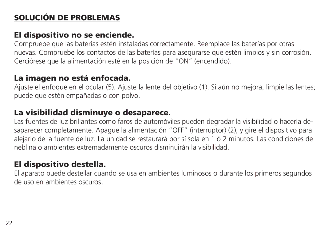 Bushnell 26-0224W, 26-4051 Solución DE Problemas, El dispositivo no se enciende, La imagen no está enfocada 