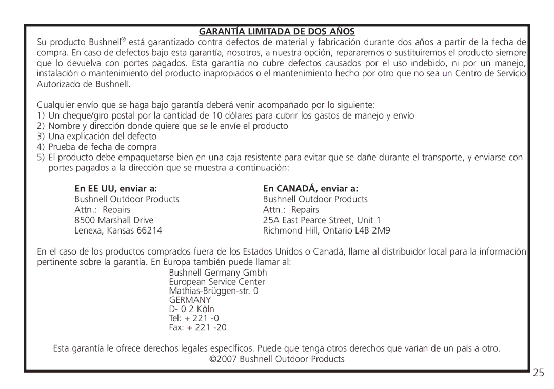 Bushnell 26-4051, 26-0224W instruction manual Garantía Limitada DE DOS Años 