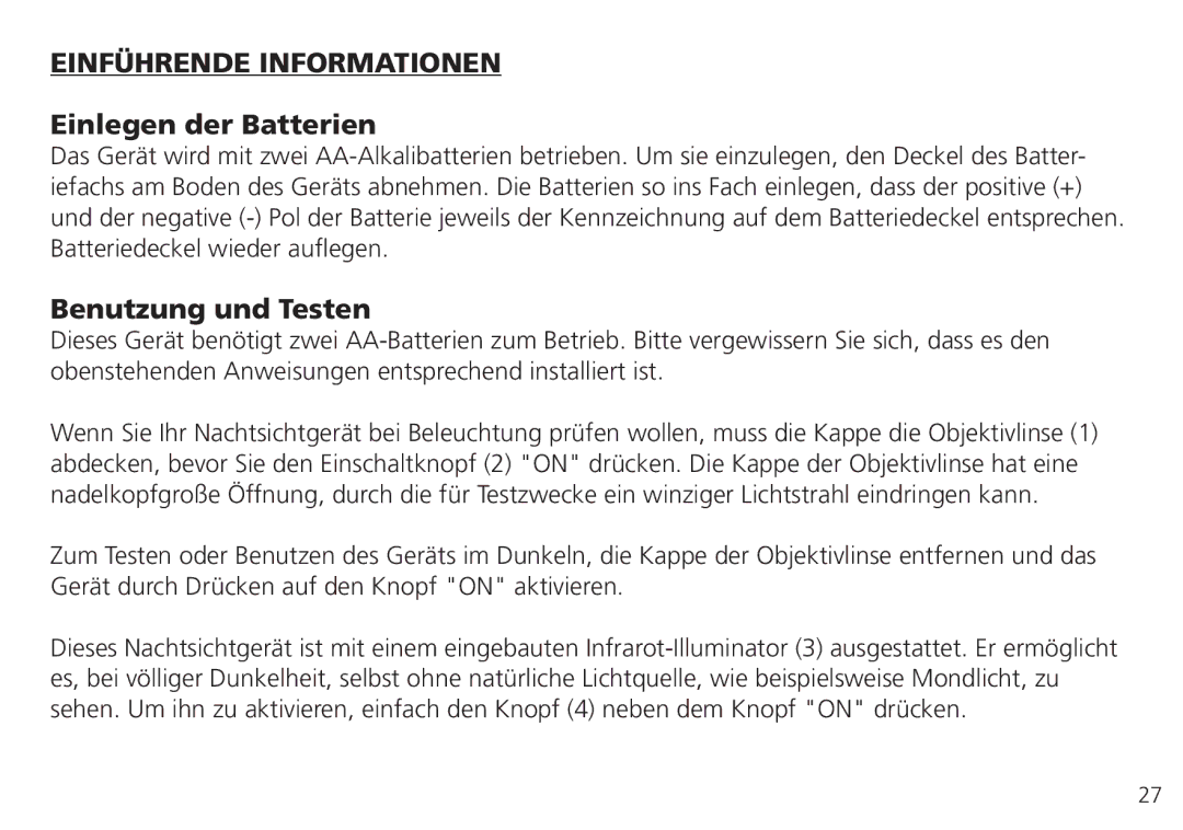 Bushnell 26-4051, 26-0224W instruction manual Einführende Informationen, Einlegen der Batterien, Benutzung und Testen 