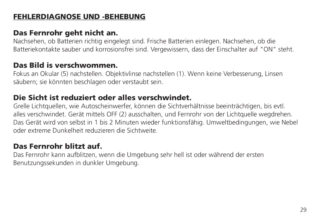 Bushnell 26-4051, 26-0224W Fehlerdiagnose UND -BEHEBUNG, Das Fernrohr geht nicht an, Das Bild is verschwommen 