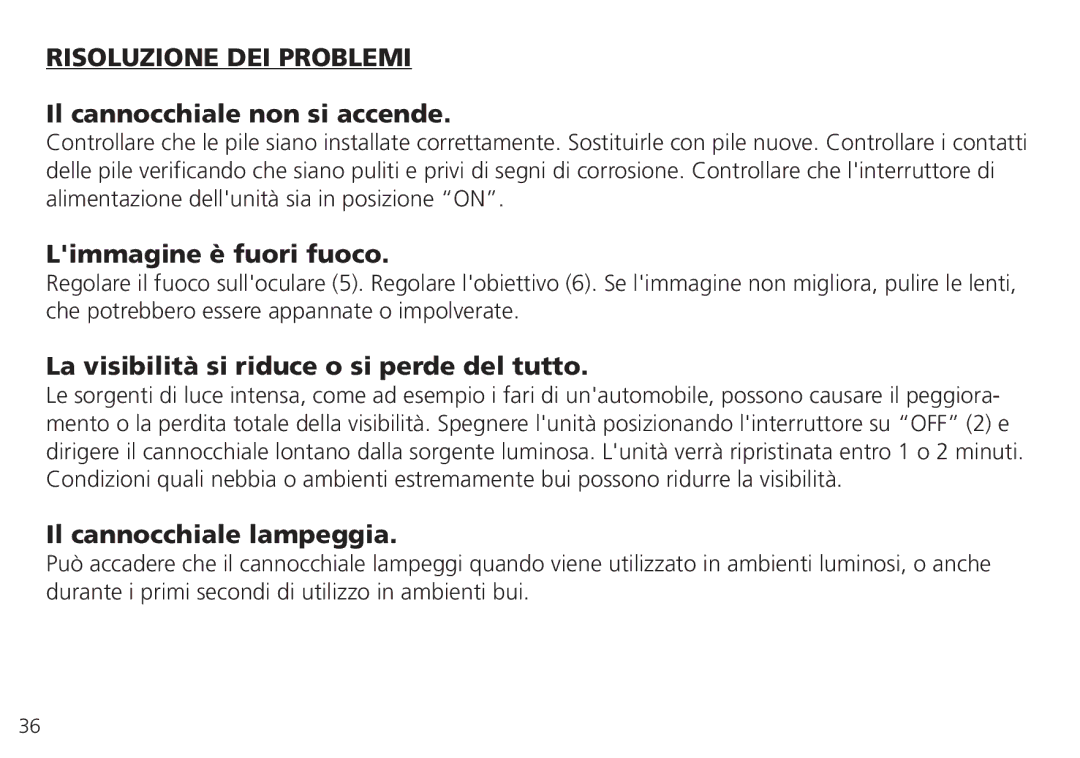 Bushnell 26-0224W, 26-4051 Risoluzione DEI Problemi, Il cannocchiale non si accende, Limmagine è fuori fuoco 