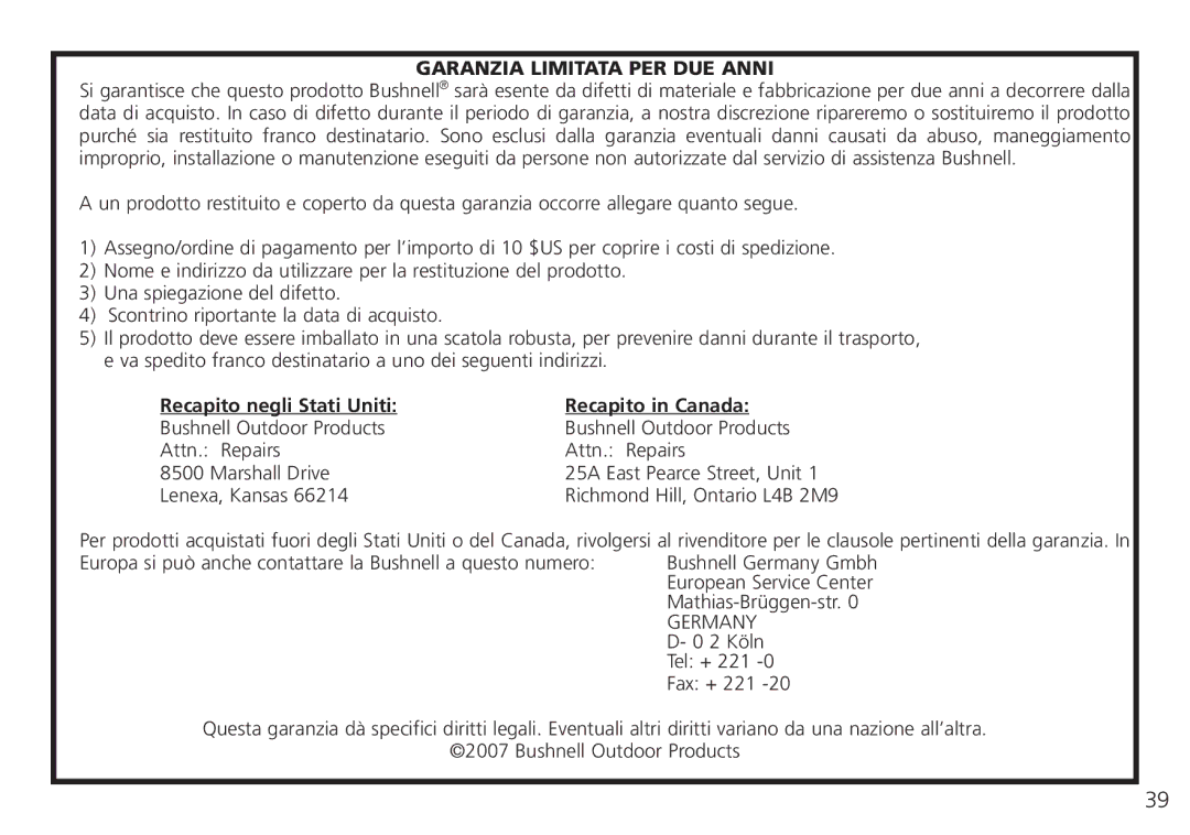 Bushnell 26-4051, 26-0224W instruction manual Garanzia Limitata PER DUE Anni 