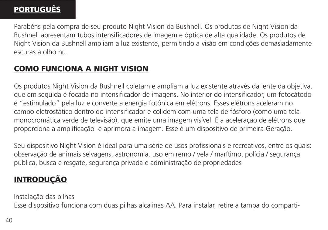 Bushnell 26-0224W, 26-4051 instruction manual Como Funciona a Night Vision, Introdução 