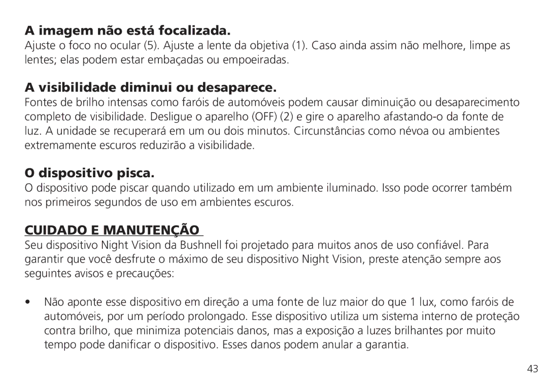 Bushnell 26-4051 Imagem não está focalizada, Visibilidade diminui ou desaparece, Dispositivo pisca, Cuidado E Manutenção 