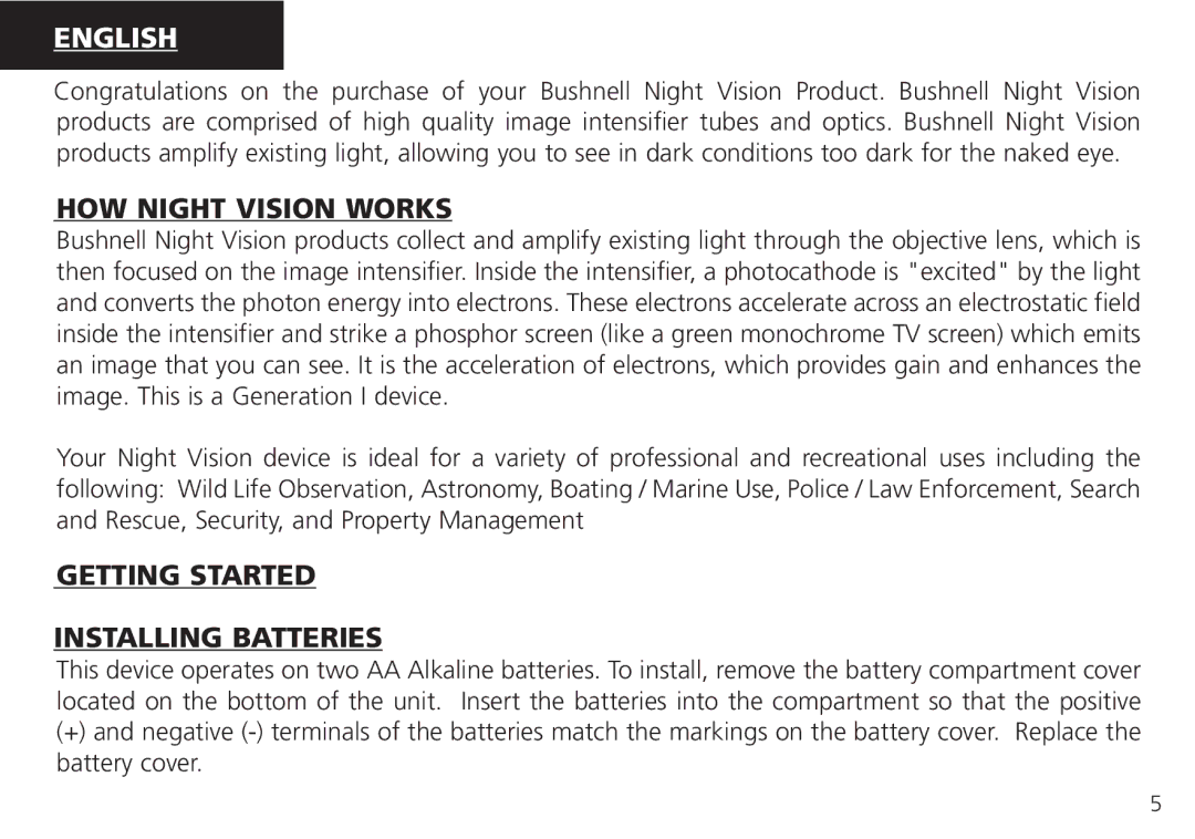 Bushnell 26-4051, 26-0224W instruction manual HOW Night Vision Works, Getting Started, Installing Batteries 