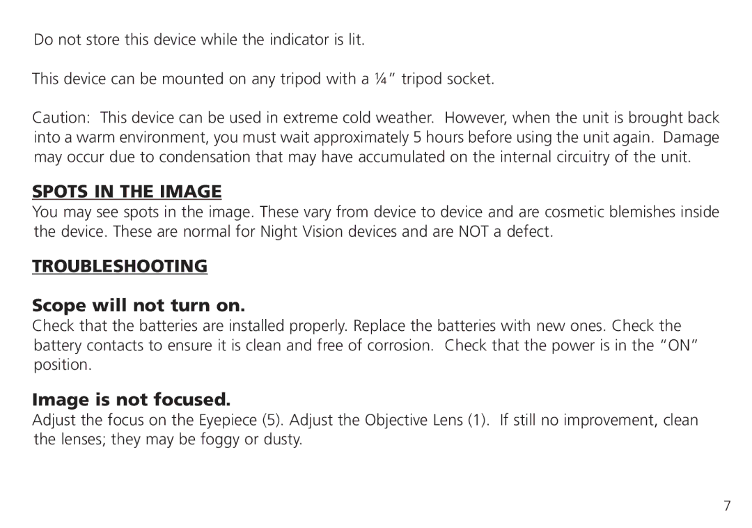 Bushnell 26-4051, 26-0224W Spots In The Image, Troubleshooting, Scope will not turn on, Image is not focused 