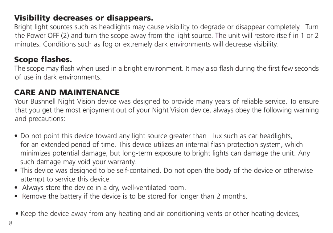 Bushnell 26-0224W, 26-4051 instruction manual Visibility decreases or disappears, Scope flashes, Care and Maintenance 