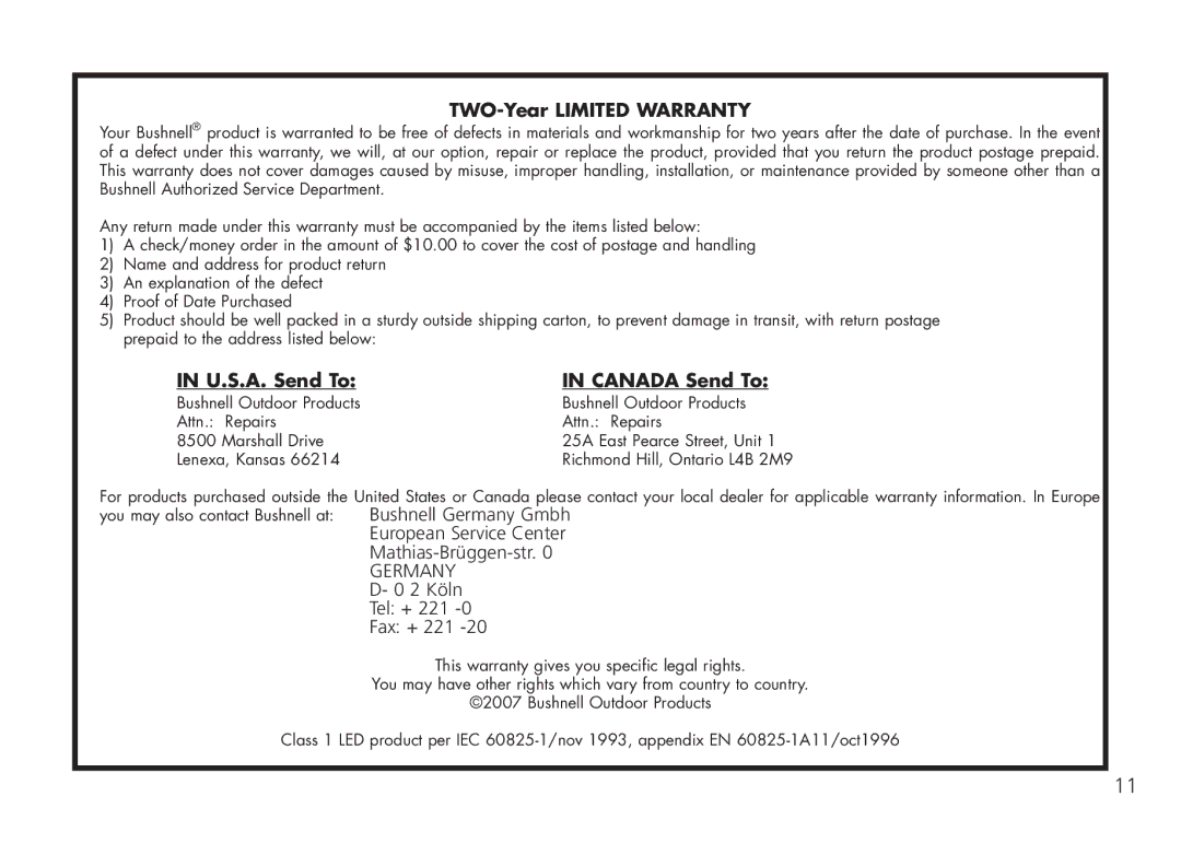 Bushnell 26-0224W instruction manual TWO-Year Limited Warranty 