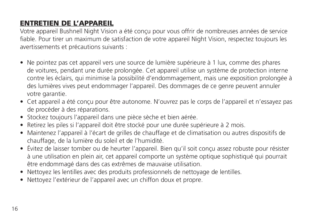 Bushnell 26-0224W instruction manual Entretien DE L’APPAREIL 