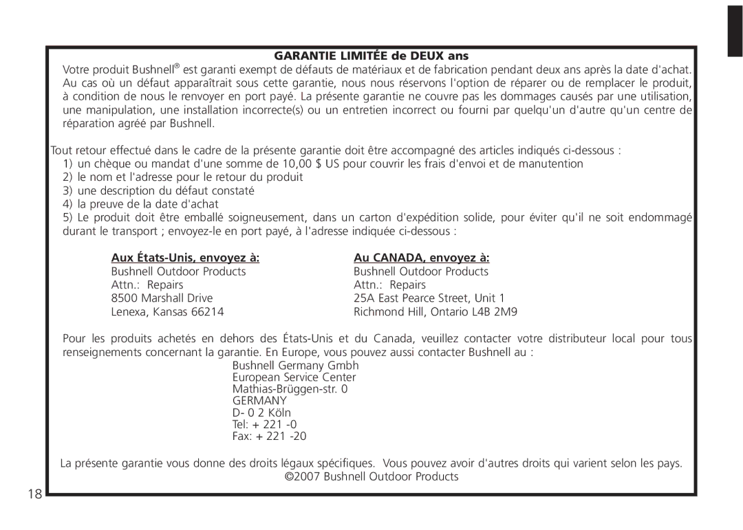 Bushnell 26-0224W instruction manual Au CANADA, envoyez à Bushnell Outdoor Products Attn. Repairs 