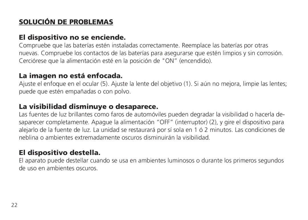 Bushnell 26-0224W instruction manual Solución DE Problemas, El dispositivo no se enciende, La imagen no está enfocada 