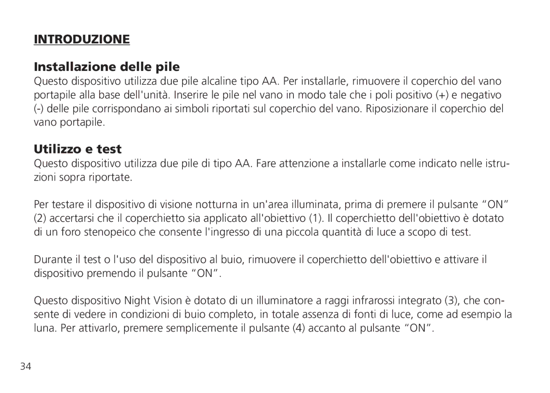 Bushnell 26-0224W instruction manual Introduzione, Installazione delle pile, Utilizzo e test 