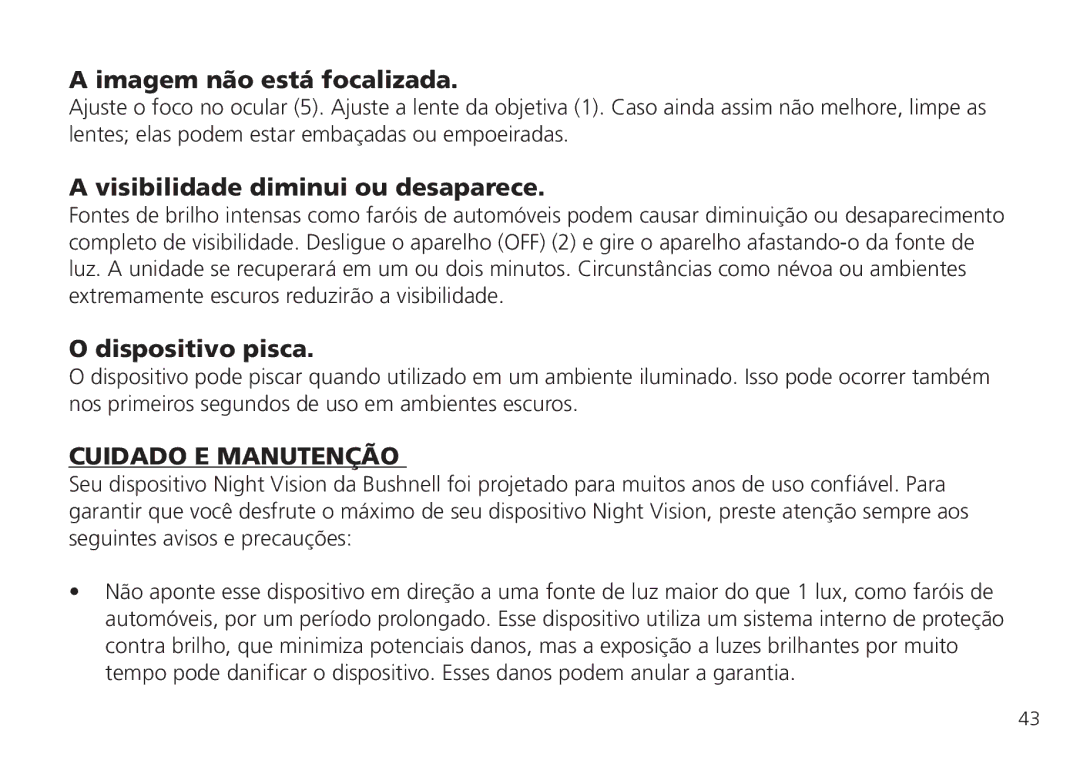 Bushnell 26-0224W Imagem não está focalizada, Visibilidade diminui ou desaparece, Dispositivo pisca, Cuidado E Manutenção 