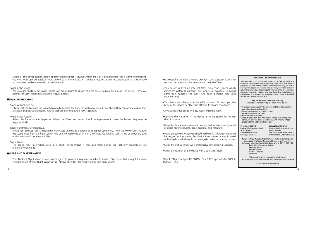 Bushnell 26-0400 instruction manual Troubleshooting, Care and Maintenance 