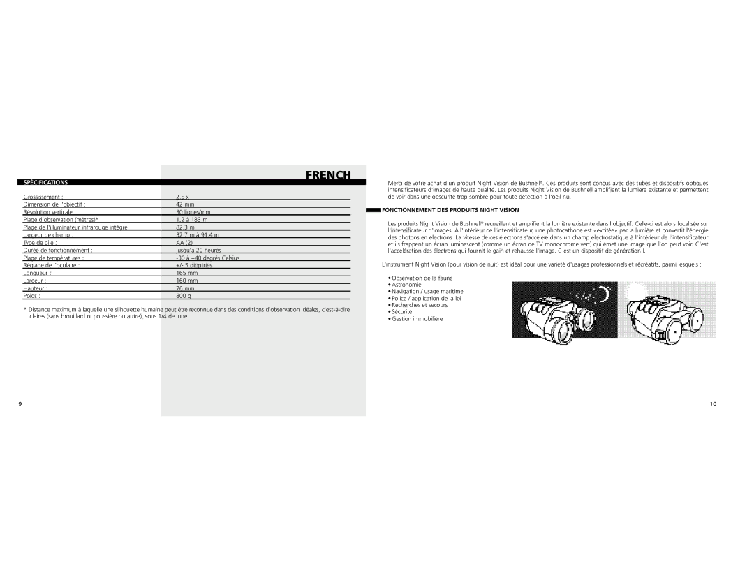 Bushnell 26-0400 instruction manual French, Spécifications, Fonctionnement DES Produits Night Vision 