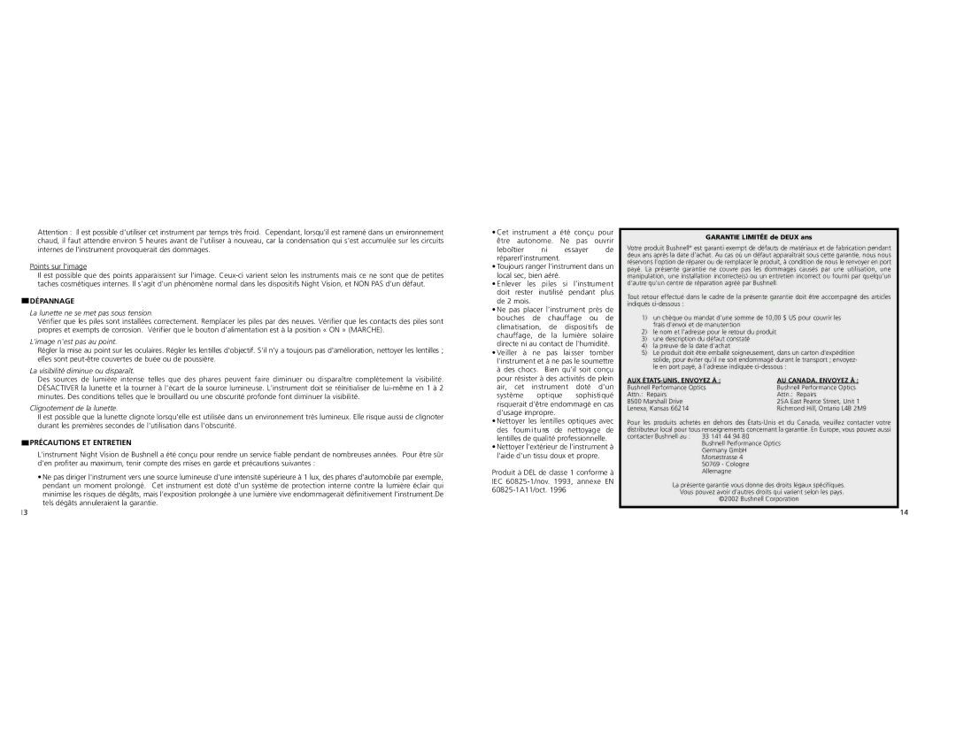 Bushnell 26-0400 instruction manual Dépannage, Précautions ET Entretien 