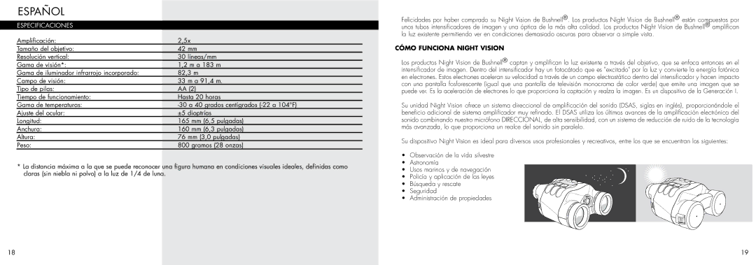 Bushnell 26-0400 manual Especificaciones, Cómo Funciona Night Vision 