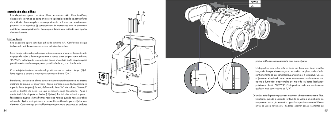 Bushnell 26-0400 manual Instalação das pilhas, Uso e teste 