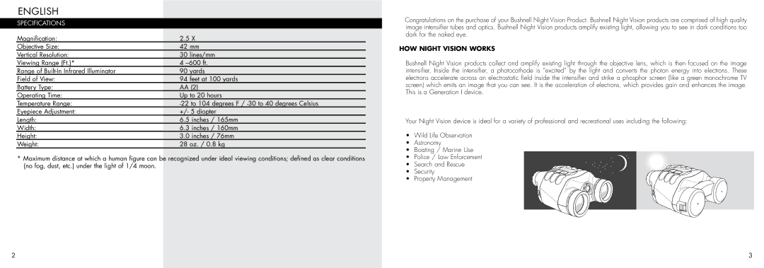 Bushnell 26-0400 manual Specifications, HOW Night Vision Works 