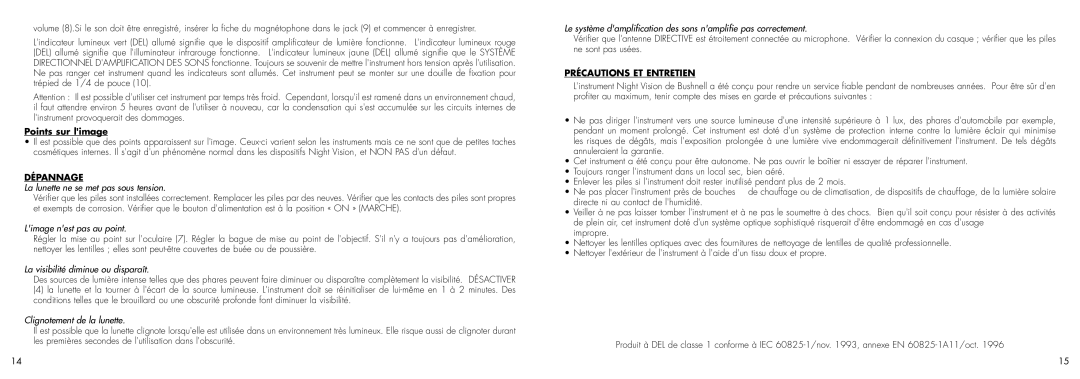 Bushnell 26-0400 manual Points sur limage, Dépannage, Précautions ET Entretien 