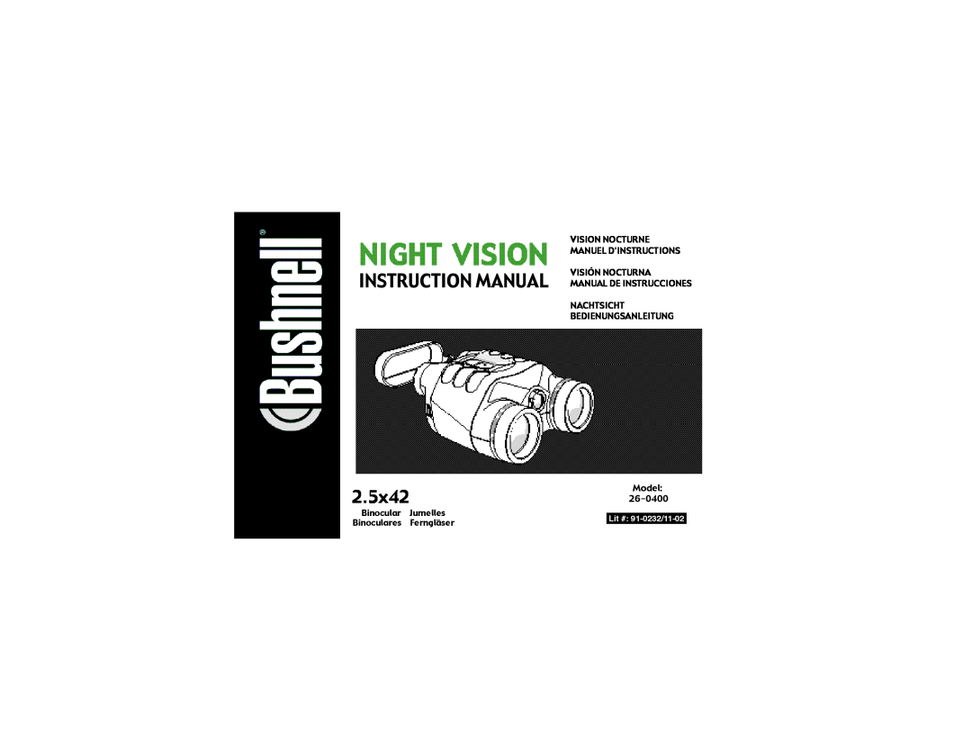 Bushnell 26-04002.5x42 instruction manual Instruction Manual, Vision Nocturne, Manuel Dinstructions, Visión Nocturna 