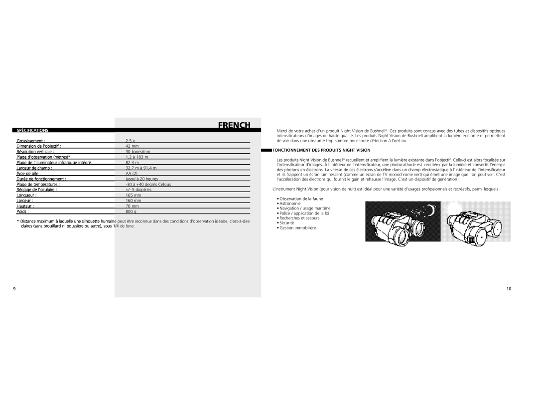 Bushnell 26-04002.5x42 instruction manual French, Spécifications, Fonctionnement Des Produits Night Vision 