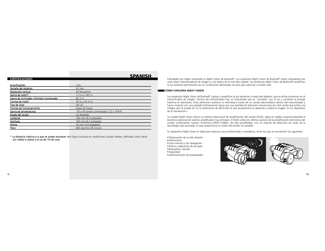 Bushnell 26-04002.5x42 instruction manual Spanish, Especificaciones, Cómo Funciona Night Vision 