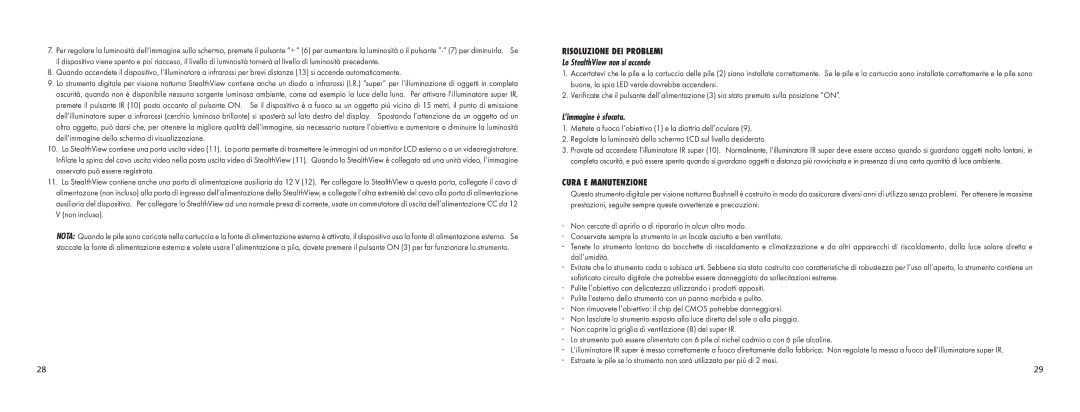 Bushnell 26-0542 Risoluzione DEI Problemi, Lo StealthView non si accende, ’immagine è sfocata, Cura E Manutenzione 