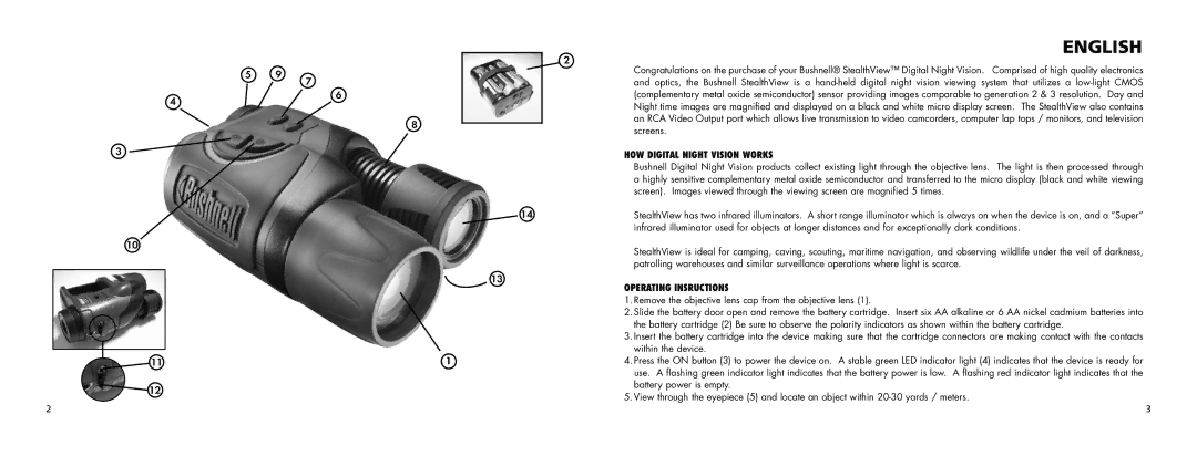 Bushnell 26-0542 instruction manual English, HOW Digital Night Vision Works, Operating Insructions 