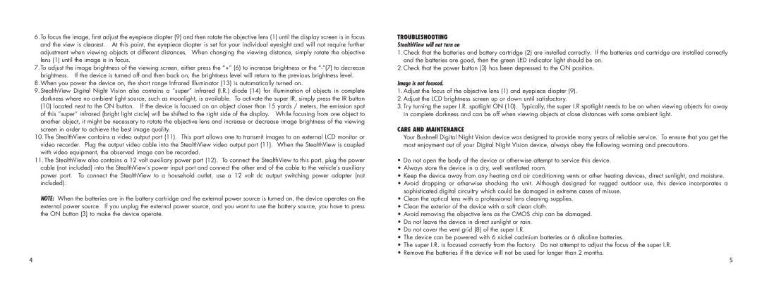 Bushnell 26-0542 Troubleshooting, StealthView will not turn on, Image is not focused, Care and Maintenance 
