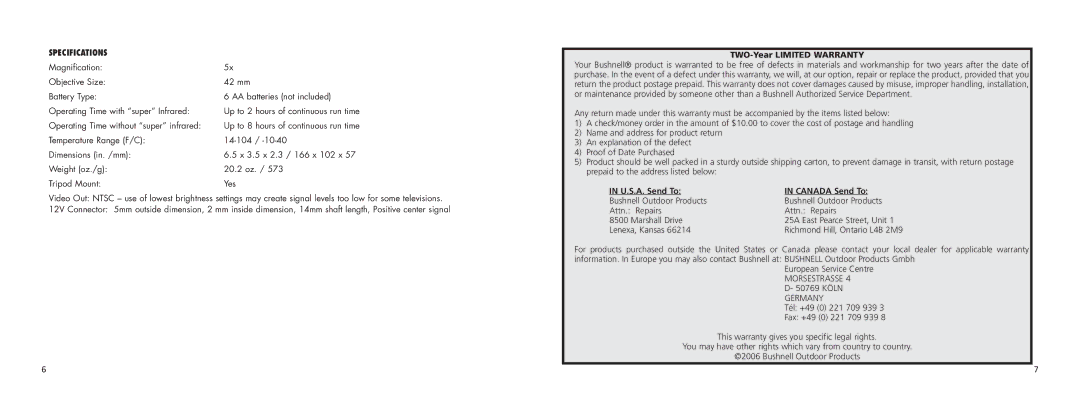 Bushnell 26-0542 instruction manual Specifications, Operating Time without super infrared, TWO-Year Limited Warranty 