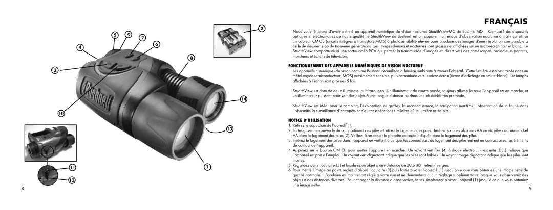 Bushnell 26-0542 instruction manual Français, Fonctionnement DES Appareils Numériques DE Vision Nocturne 