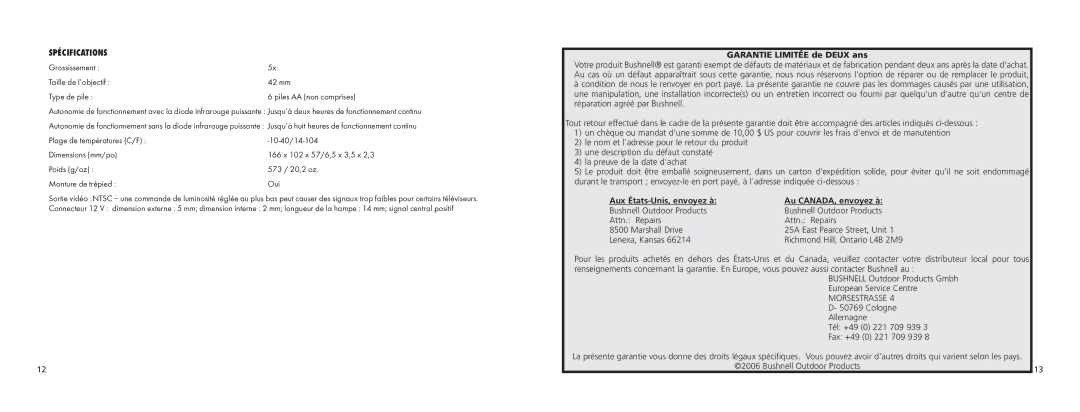 Bushnell 26-0542 Spécifications, Grossissement Taille de l’objectif 42 mm Type de pile, Garantie Limitée de Deux ans 