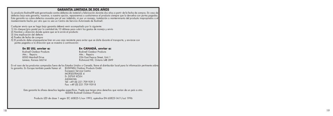 Bushnell 26-1020 instruction manual Garantía Limitada DE DOS Años, En EE UU, enviar a En CANADÁ, enviar a 
