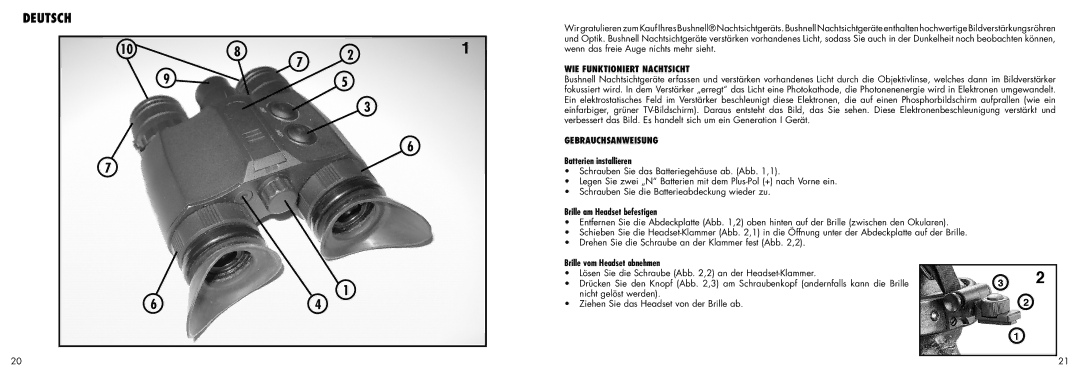 Bushnell 26-1020 WIE Funktioniert Nachtsicht, Gebrauchsanweisung Batterien installieren, Brille am Headset befestigen 