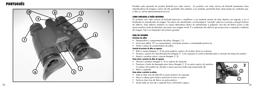 Bushnell 26-1020 Como Funciona a Visão Noturna, Guia do Usuário Instalação das pilhas, Como colocar o protetor na cabeça 