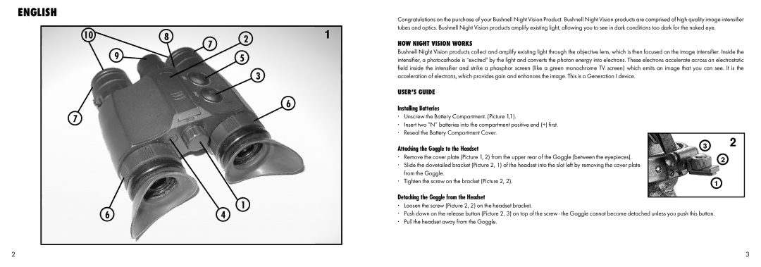 Bushnell 26-1020 HOW Night Vision Works, User’s Guide Installing Batteries, Attaching the Goggle to the Headset 