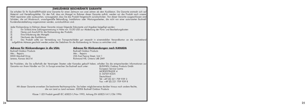 Bushnell 26-1020 instruction manual Zweijährige Beschränkte Garantie, Adresse für Rücksendungen in die USA 