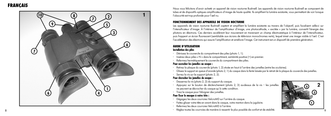 Bushnell 26-1020 Français, Fonctionnement Des Appareils De Vision Nocturne, Guide d’utilisation Installation des piles 