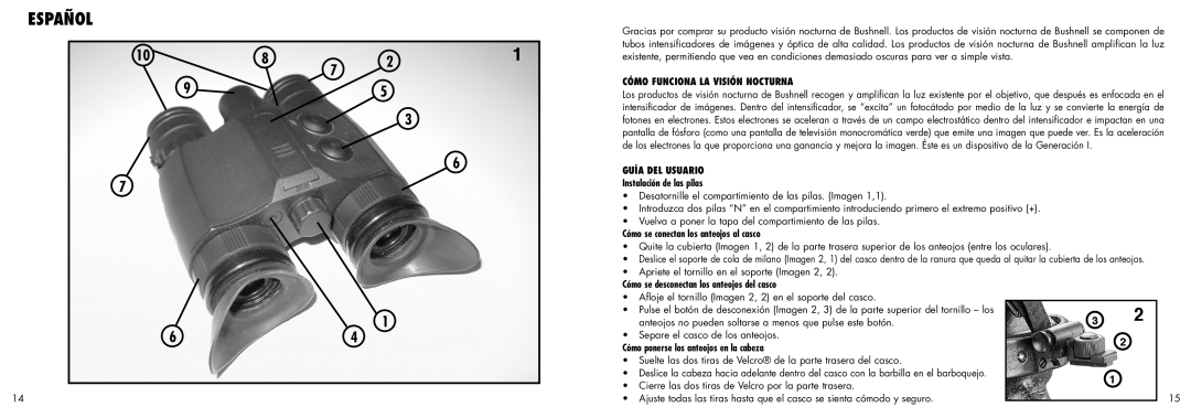 Bushnell 26-1020 instruction manual Español, Cómo Funciona La Visión Nocturna, Guía del usuario Instalación de las pilas 