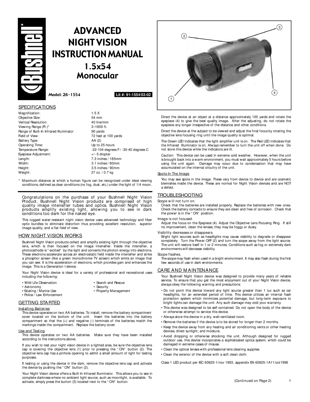 Bushnell 26-1554 specifications Specifications, HOW Night Vision Works, Getting Started, Troubleshooting 