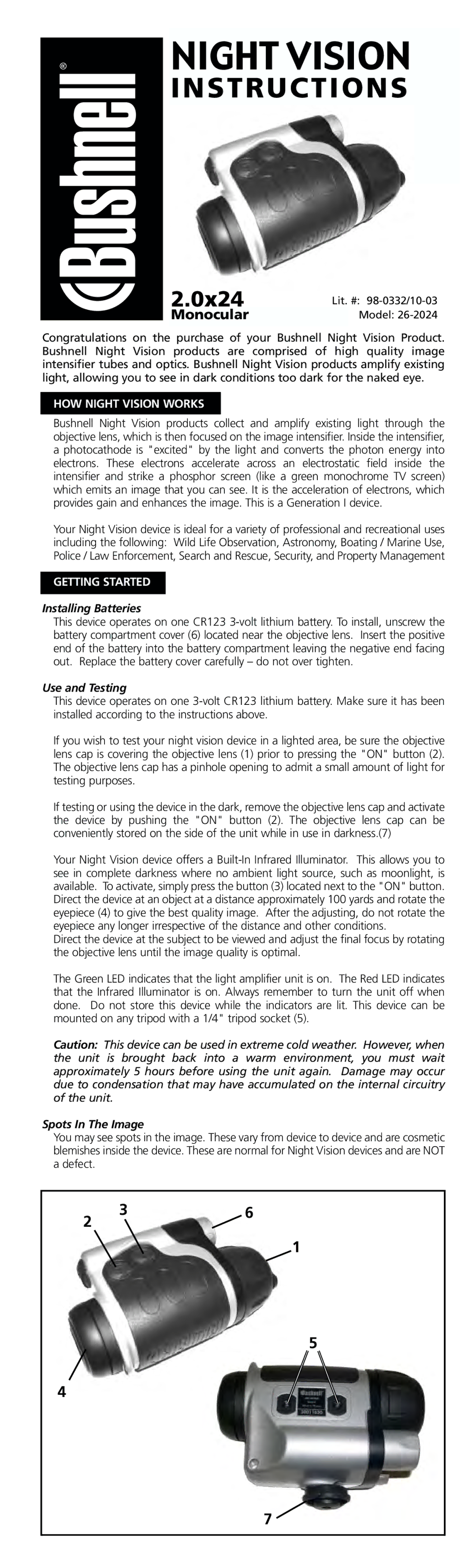 Bushnell 26-2024 manual HOW Night Vision Works, Getting Started, Installing Batteries, Use and Testing, Spots In The Image 