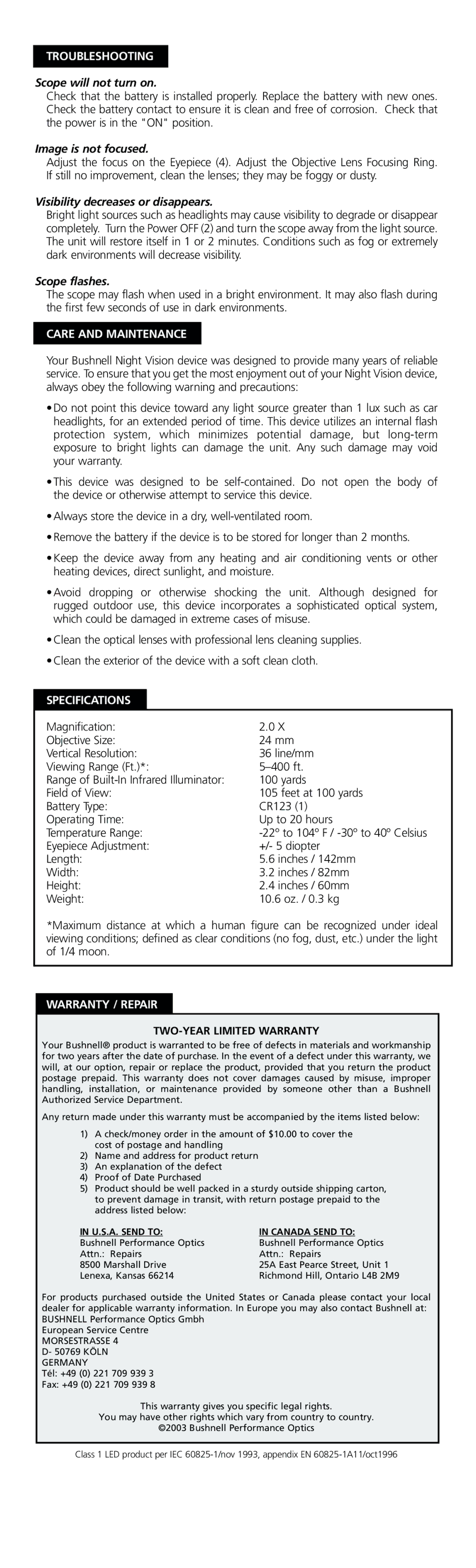 Bushnell 26-2024 manual Scope will not turn on, Image is not focused, Visibility decreases or disappears, Scope flashes 