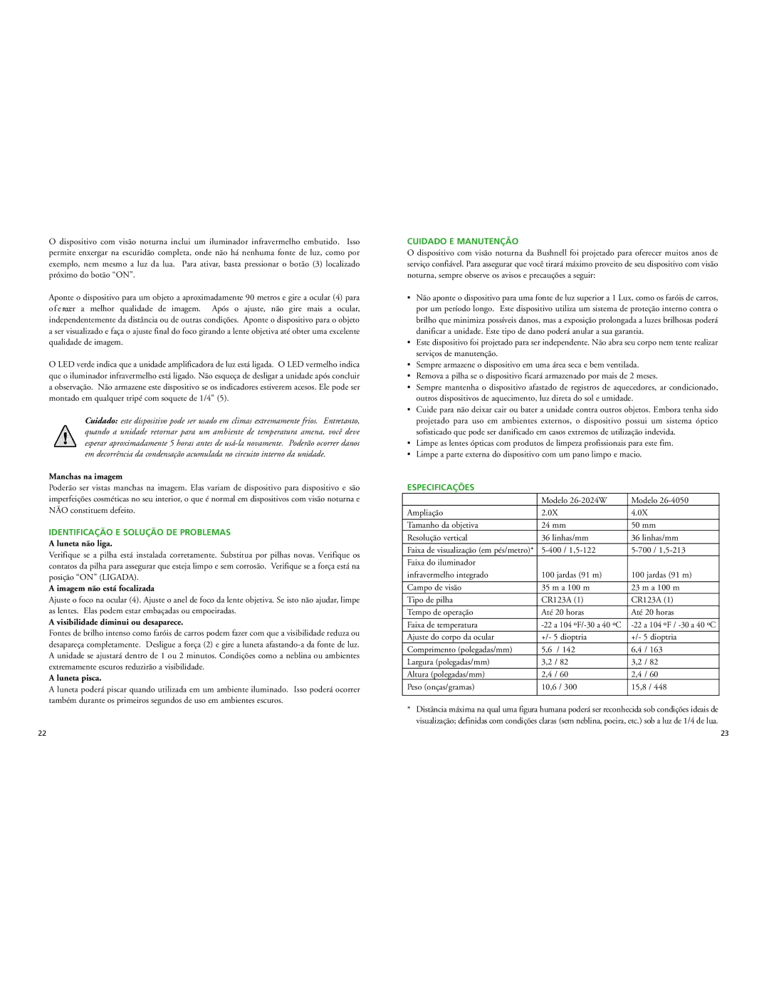 Bushnell 26-4050, 26-2024W instruction manual Identificação E Solução DE Problemas, Cuidado E Manutenção, Especificações 